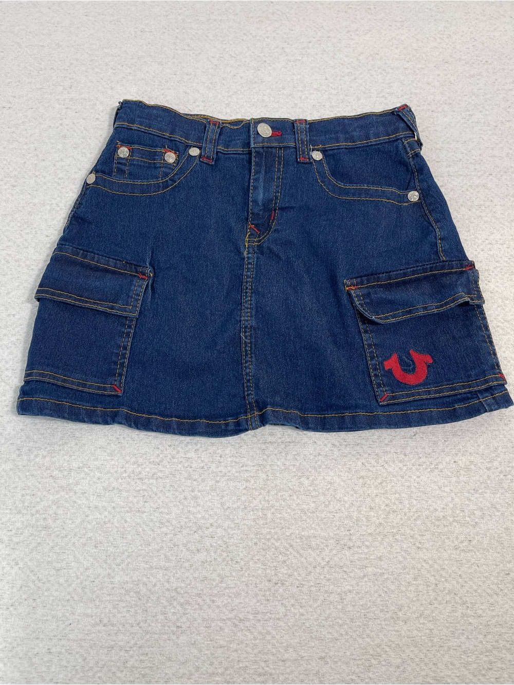 True Religion Girl Denim Cargo Skirt with Red Logo Accent. Sz.14.SKU#0588
